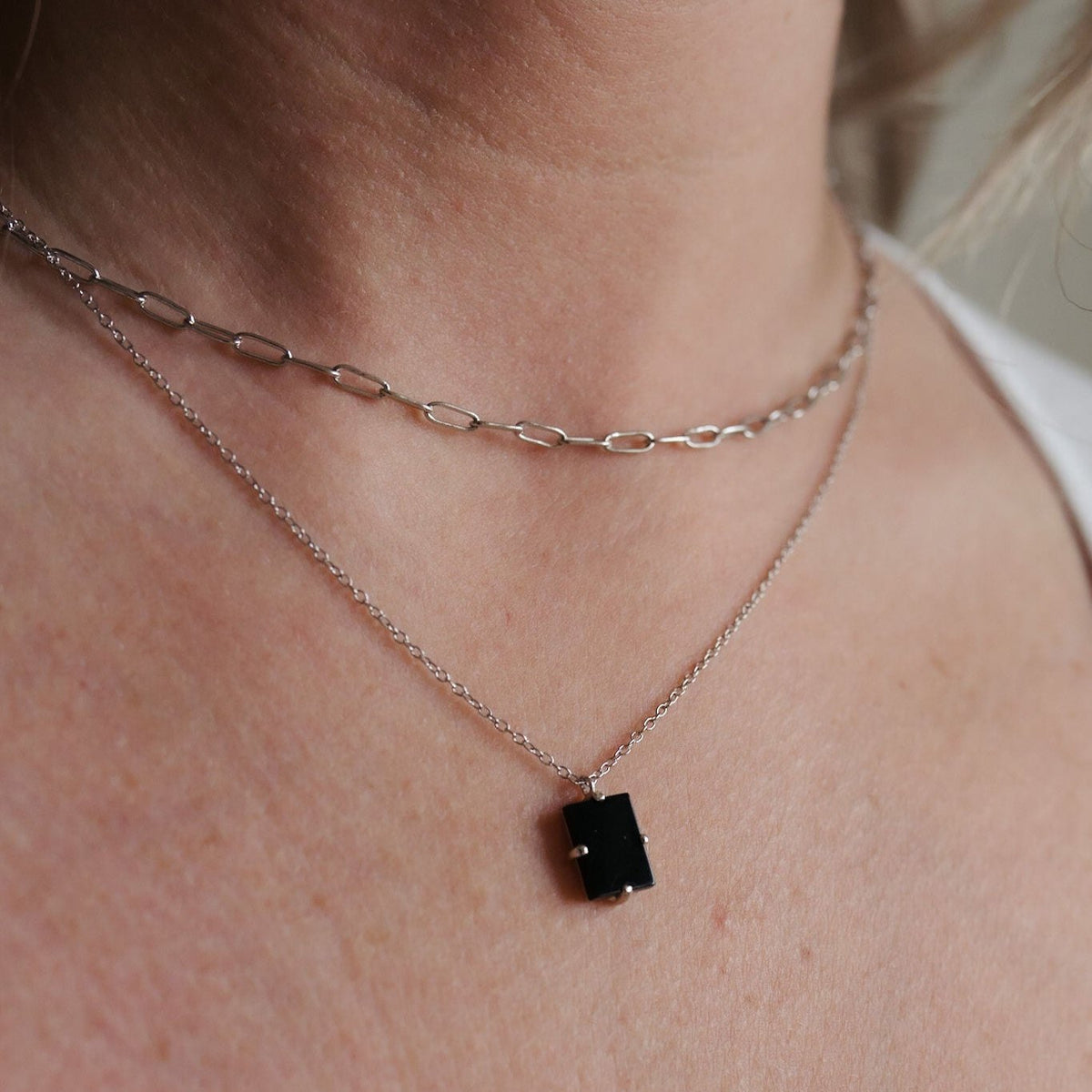 Black Tourmaline Paperclip Layered Sterling Silver Necklace – I AM