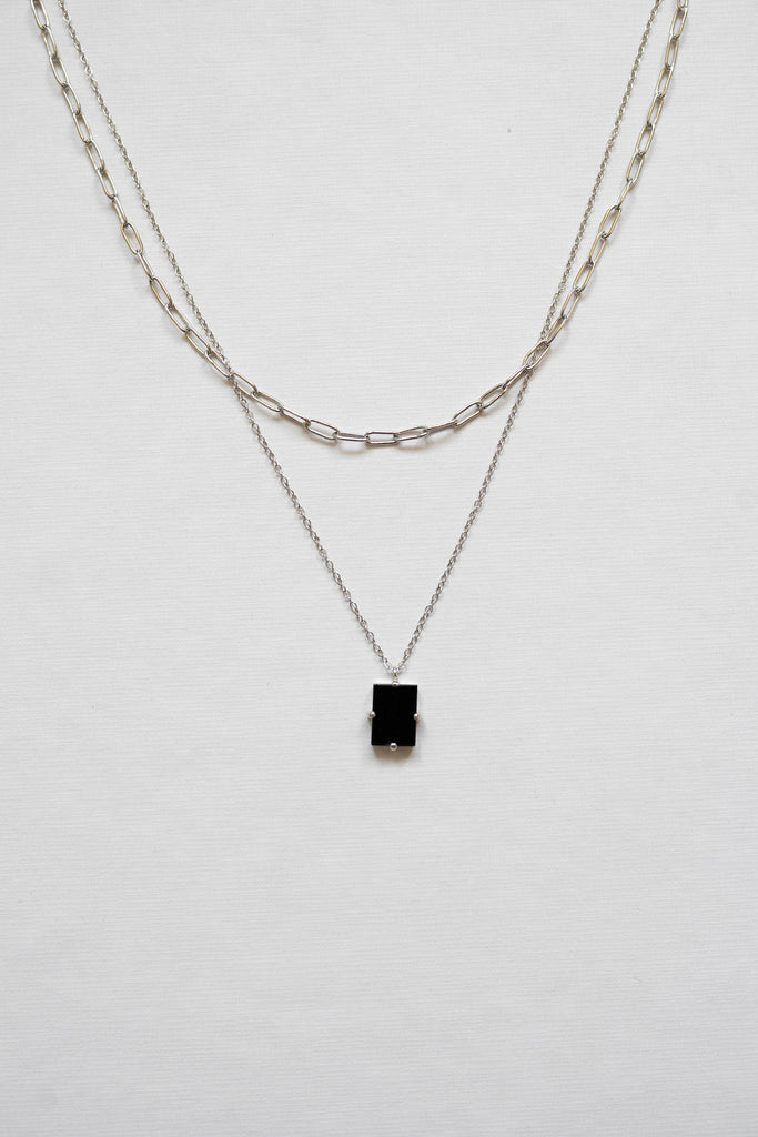 Black tourmaline paperclip layered necklace with 16-inch sterling silver necklace adorned with a glamorous black tourmaline pendant - rhodium