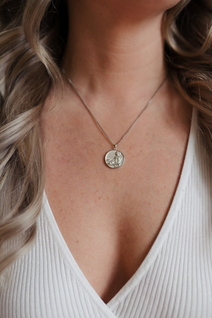 A beautiful sterling silver necklace with a delicate pendant in the shape of a coin, adorned with sparkling gemstones.