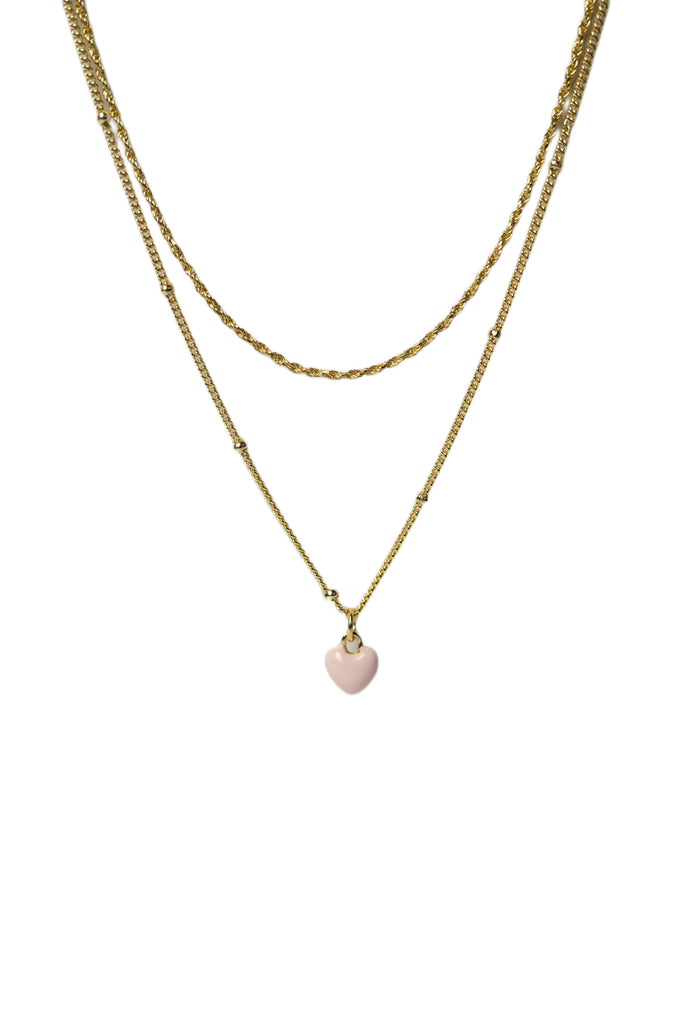 14K gold plated sterling silver affirmation necklace showcasing layered enamel pink heart, satellite, and rope chain. Measures 18 inches, non-tarnish, and adjustable for versatile styling.