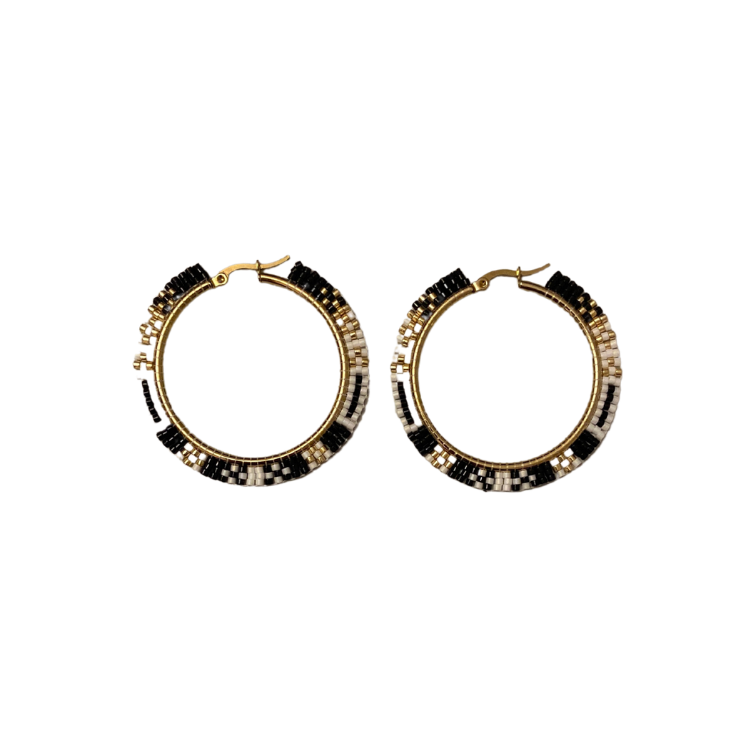 Handmade Indigenous Delica beaded black hoops with a stylish mix of gold, black, and white beads on a stainless steel hoop