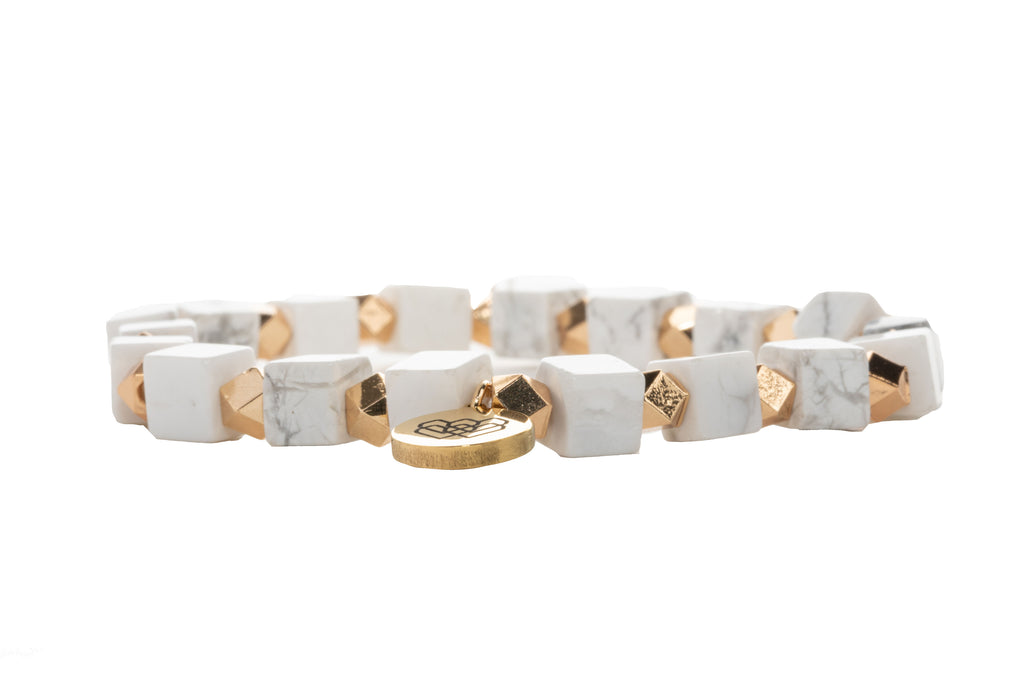 Howlite squares and delicate faceted gold accents beaded intention bracelet