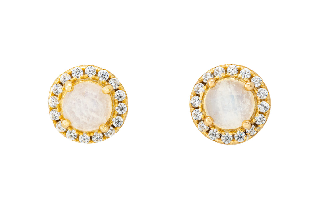 Round moonstone earrings encased with cubic zirconia and plated 14K gold