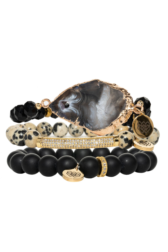 3-piece bracelet set radiates with exquisite style, crafted from  dalmatian jasper, agate crystals and black and gold tones.