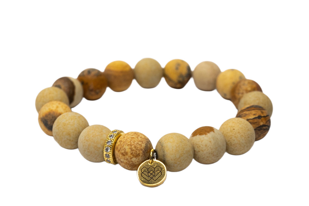 10mm matte brown Picture Jasper beaded bracelet with CZ gold spacer - I AM LOVE Project
