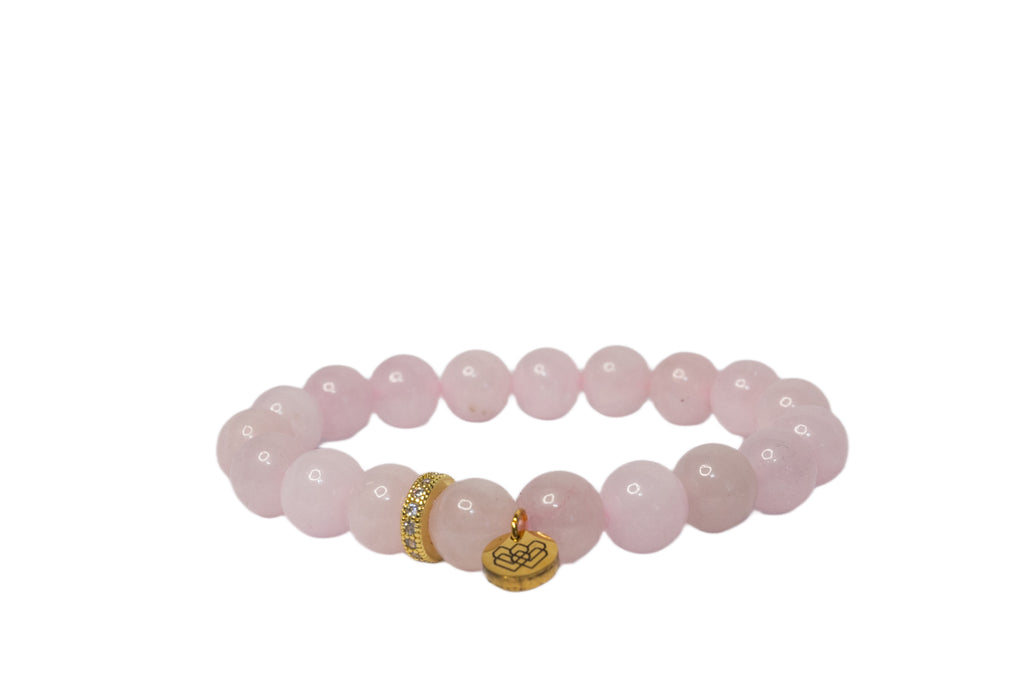 10mm rose quartz beaded bracelet with CZ rhinestones and 14K stainless round tag with heart logo