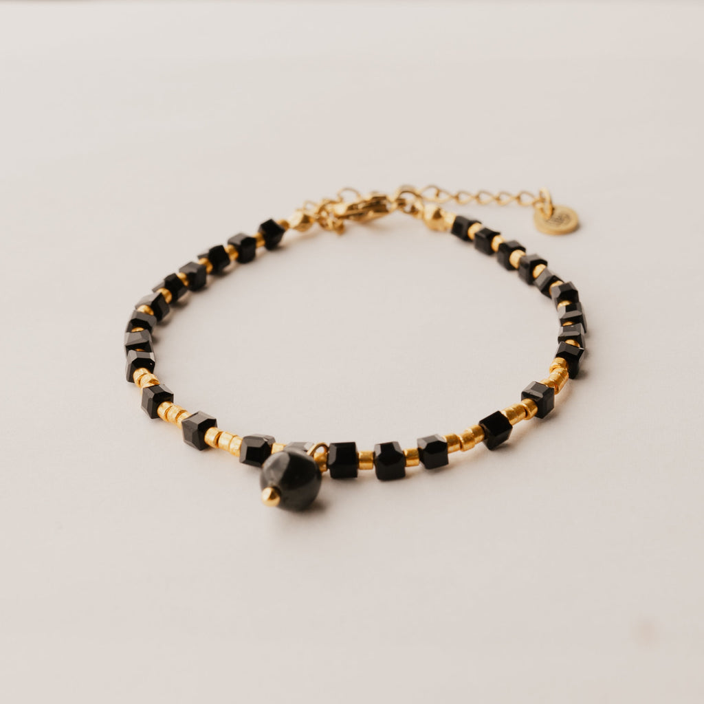 Black square seed beads with black obsidian charm bracelet 