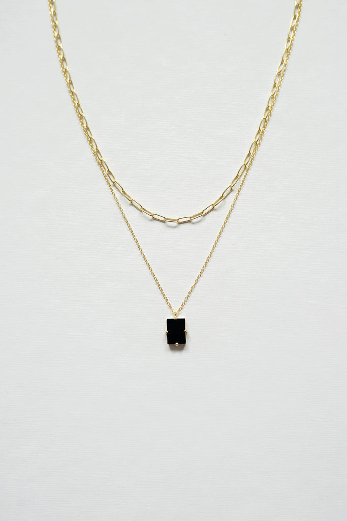 Black tourmaline paperclip layered necklace with 16-inch sterling silver necklace adorned with a glamorous black tourmaline pendant - gold