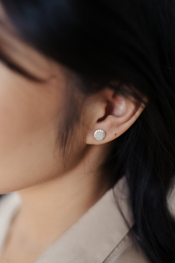 Dainty 5mm round iridescent white earrings crafted in 925 sterling silver with 14k gold plating, adorned with sparkling pave cubic zirconia