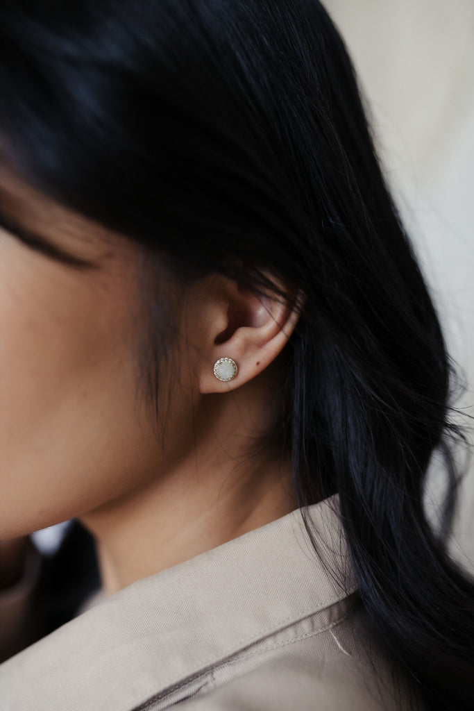 Dainty 5mm round moonstone earrings in 925 sterling silver with 14k gold plating and pave cubic zirconia accents