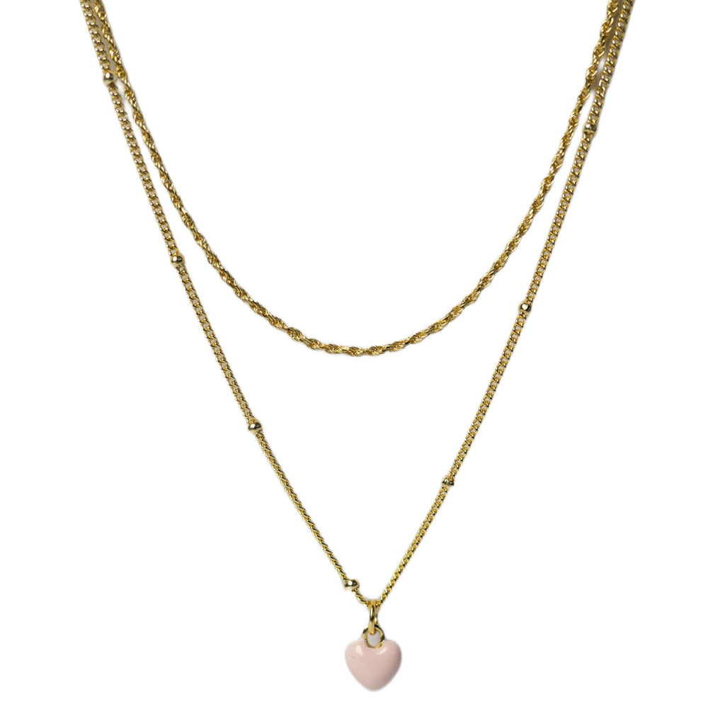 14K gold plated sterling silver affirmation necklace showcasing layered enamel pink heart, satellite, and rope chain. Measures 18 inches, non-tarnish, and adjustable for versatile styling.