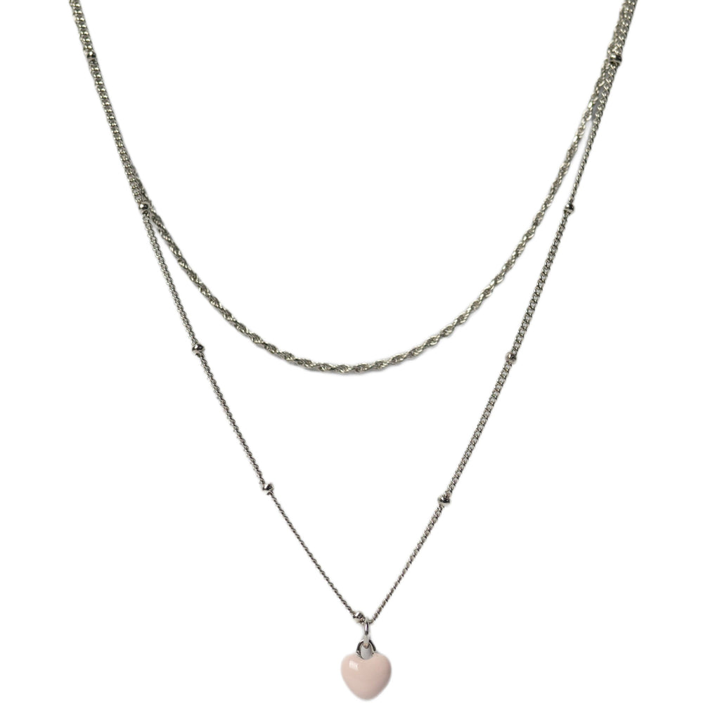 Rhodium plated sterling silver affirmation necklace showcasing layered enamel pink heart, satellite, and rope chain. Measures 18 inches, non-tarnish, and adjustable