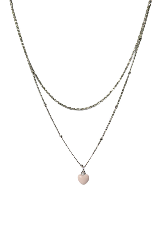Rhodium plated sterling silver affirmation necklace showcasing layered enamel pink heart, satellite, and rope chain. Measures 18 inches, non-tarnish, and adjustable