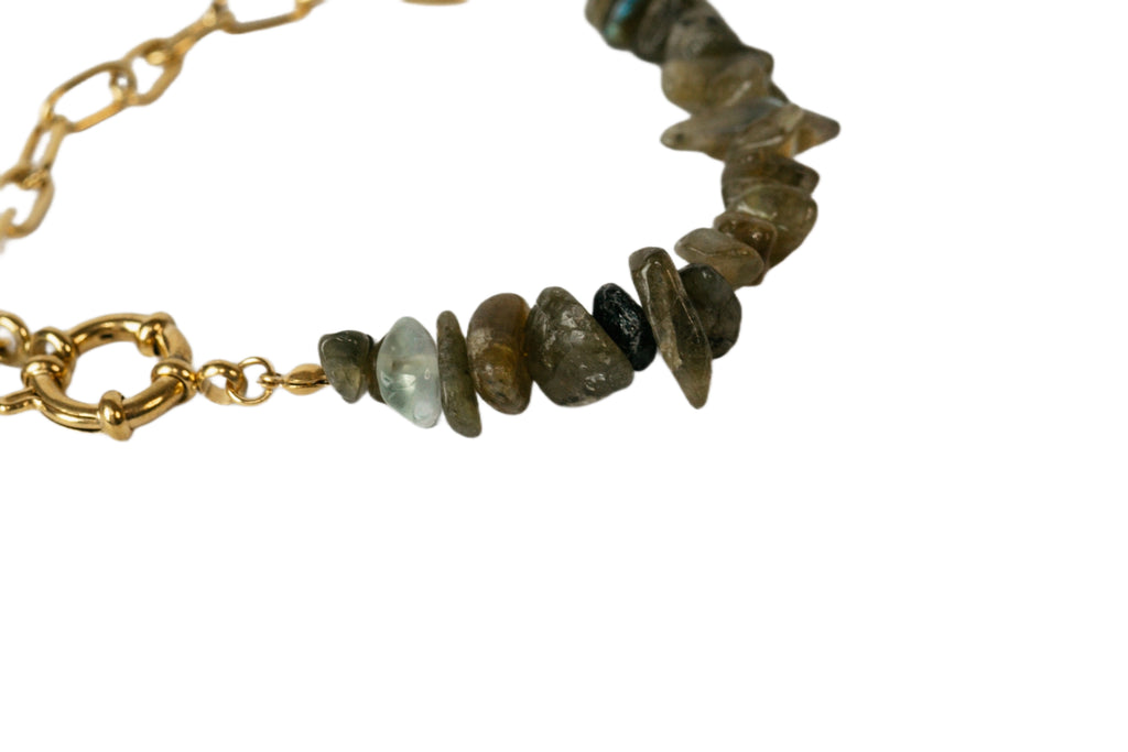 Labradorite stainless steel bracelet: 14k gold accents, transformative style. Shields against negativity with calming vibes. 