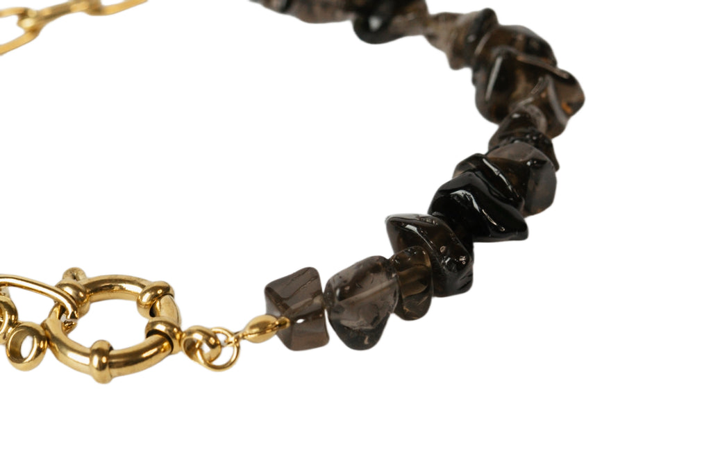 Smokey Quartz 14K gold linked adjustable bracelet, a potent guardian fostering strength, positive thoughts, and transformative vibes on your fearless journey to dreams.