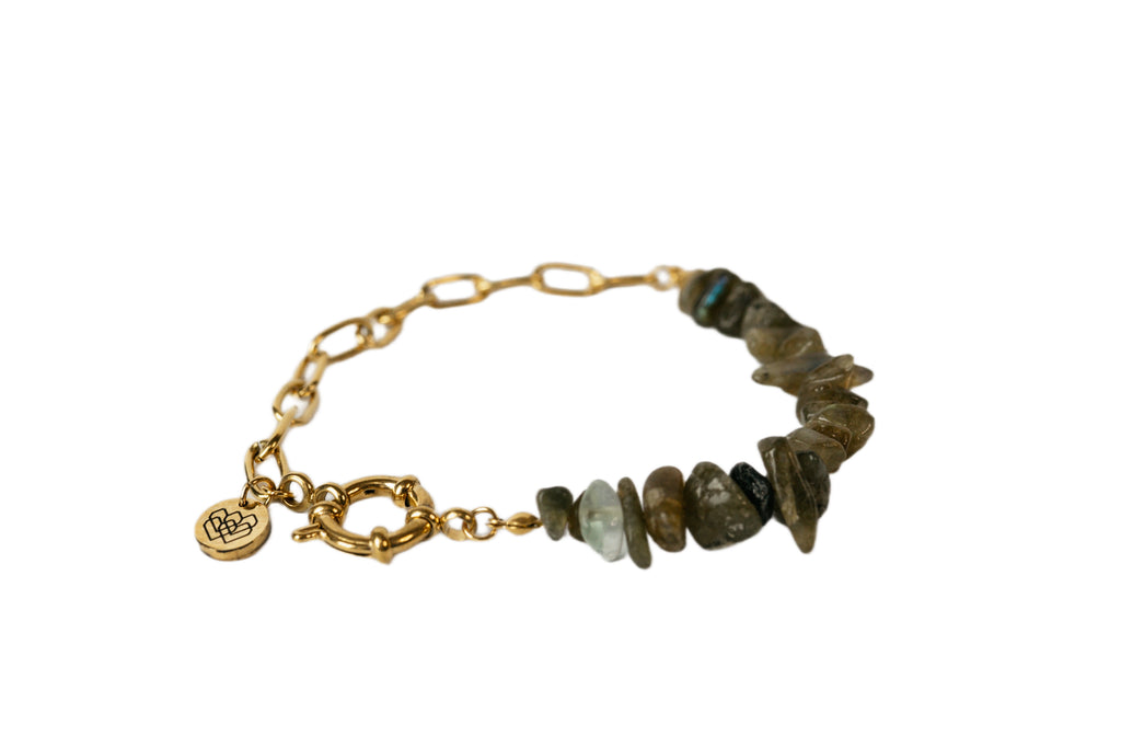 Transformative labradorite stainless steel bracelet with 14k gold accents. A stylish shield against negativity, offering calming vibes and vibrant greens. Adjustable for personalized elegance.