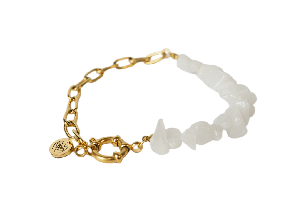 Elevate with White Jade, a strong and sacred stone for balance, good fortune, and protection. Let its energy guide you, bringing positive vibes. Embrace its natural beauty and wisdom for love, healing, and luck! 14k gold stainless steel linked chain.