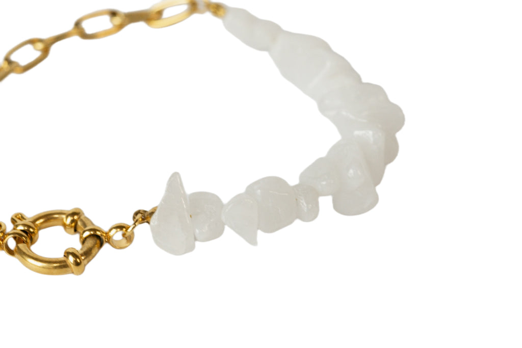 Elevate with White Jade, a sacred stone radiating balance, good fortune, and protection. Embrace its natural beauty and wisdom on a 14k gold stainless steel linked chain.