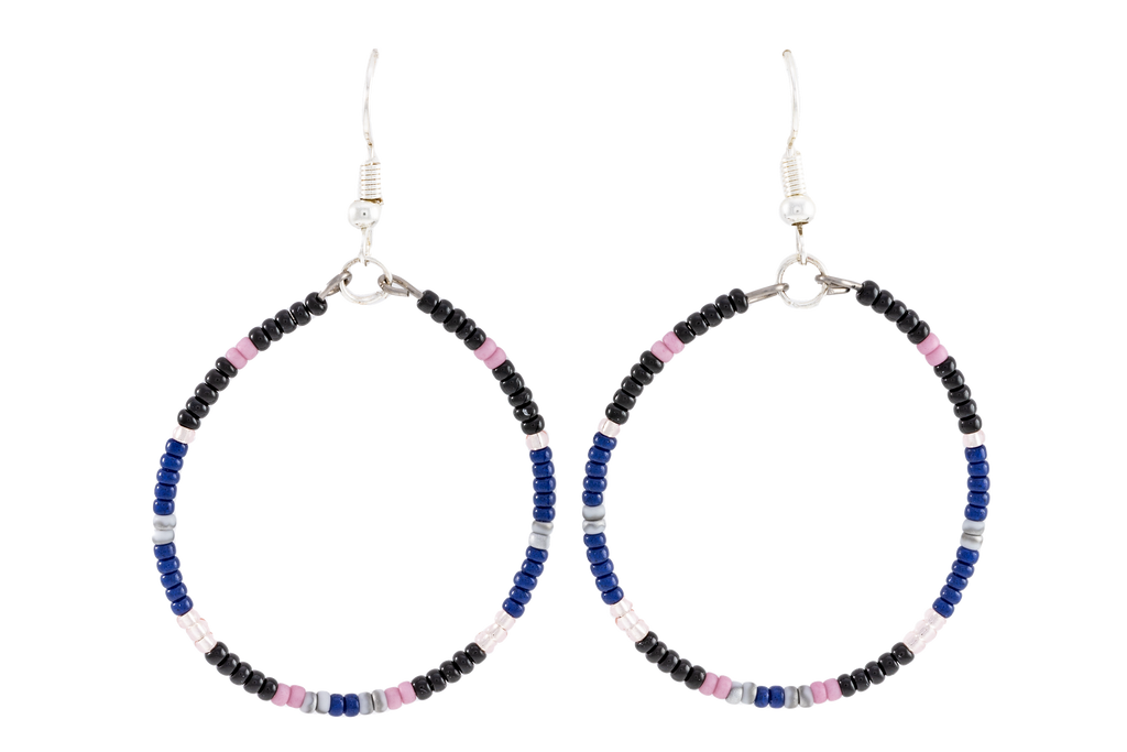 Handmade fish hook earrings featuring Miyuki beaded blue, pink, and black marble hoops