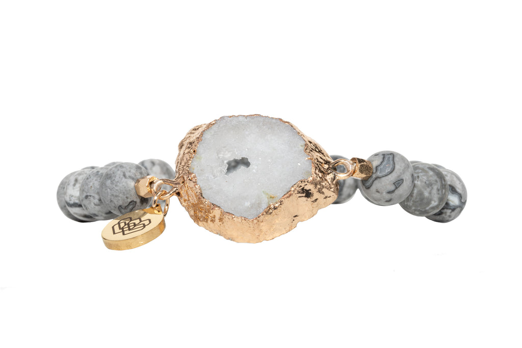 Matte Picasso Jasper + Agate Bracelet, Combines sliced agate and 6mm jasper beads, it helps break through blocks and manifest your imaginative ideas. 