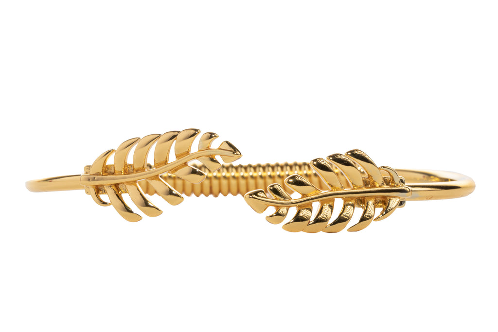 14K gold plated brass double leaf cuff bangle.